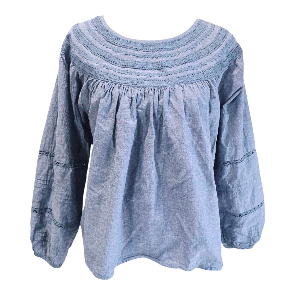 Gap -1753 Peasant Top Blue Indigo‎ Lace Trim Long Sleeve Blouse Womens Size M